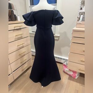 Eliza J Off-Shoulder Ruffle Sleeve Scuba Maxi Dress in Navy